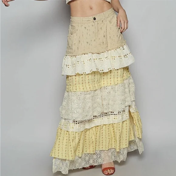 POL Yellow and Cream Tiered Maxi Skirt / NWOT - Picture 4 of 5